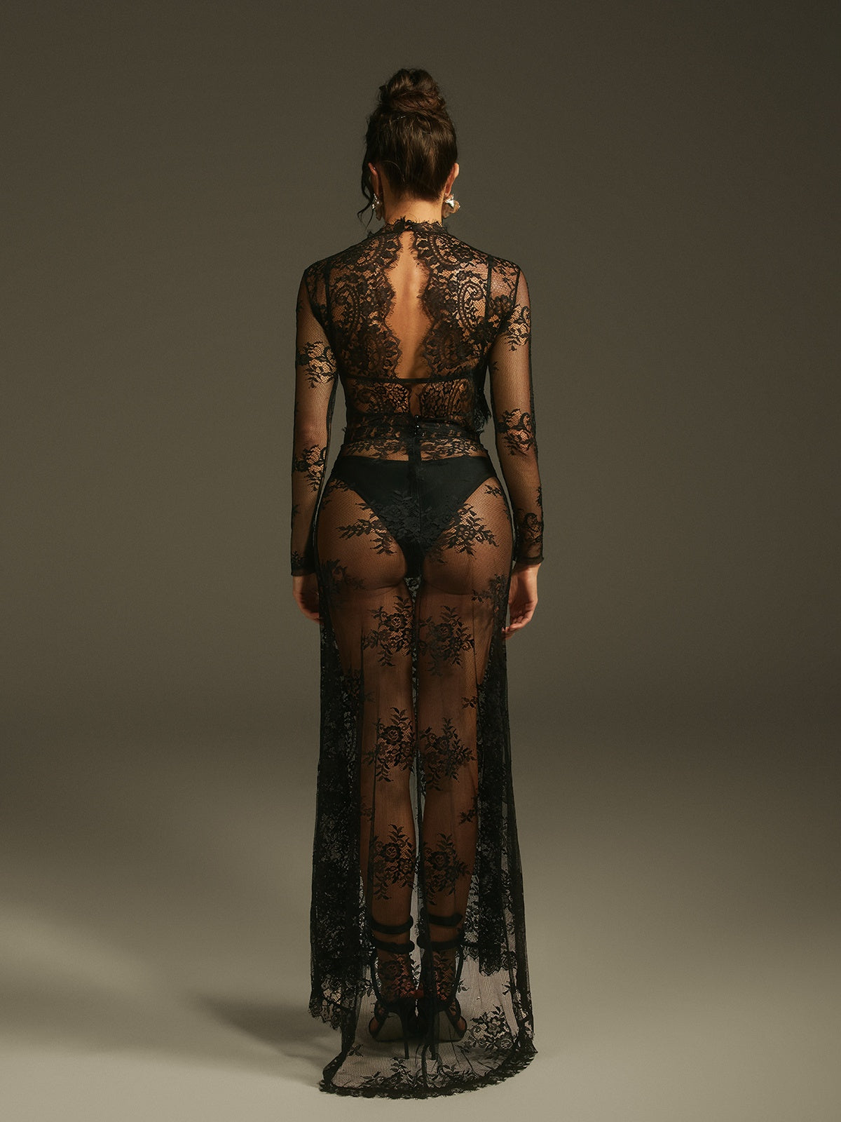 Mareike Long Sleeve Lace Split Maxi Dress In Black