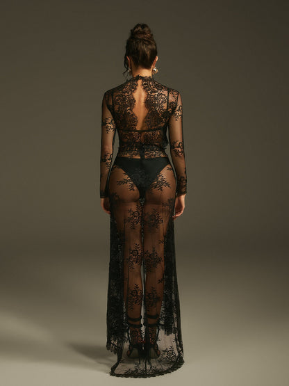 Mareike Long Sleeve Lace Split Maxi Dress In Black