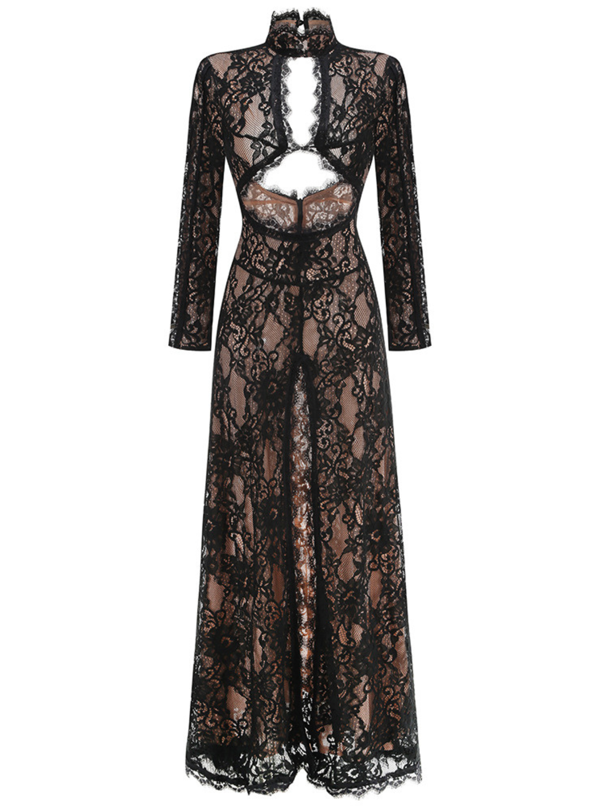 Mareike Long Sleeve Lace Split Maxi Dress In Black