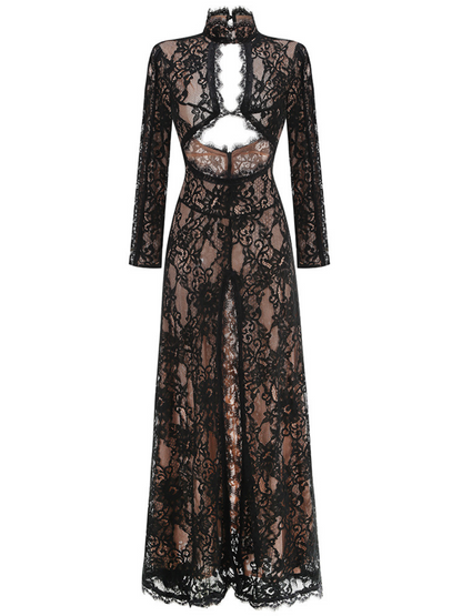 Mareike Long Sleeve Lace Split Maxi Dress In Black