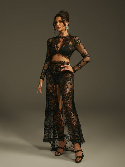 Mareike Long Sleeve Lace Split Maxi Dress In Black