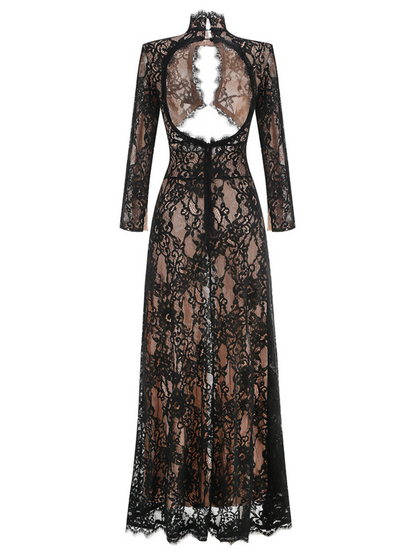 Mareike Long Sleeve Lace Split Maxi Dress In Black