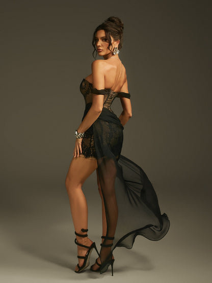 Marged Off Shoulder Lace Mesh Maxi Dress
