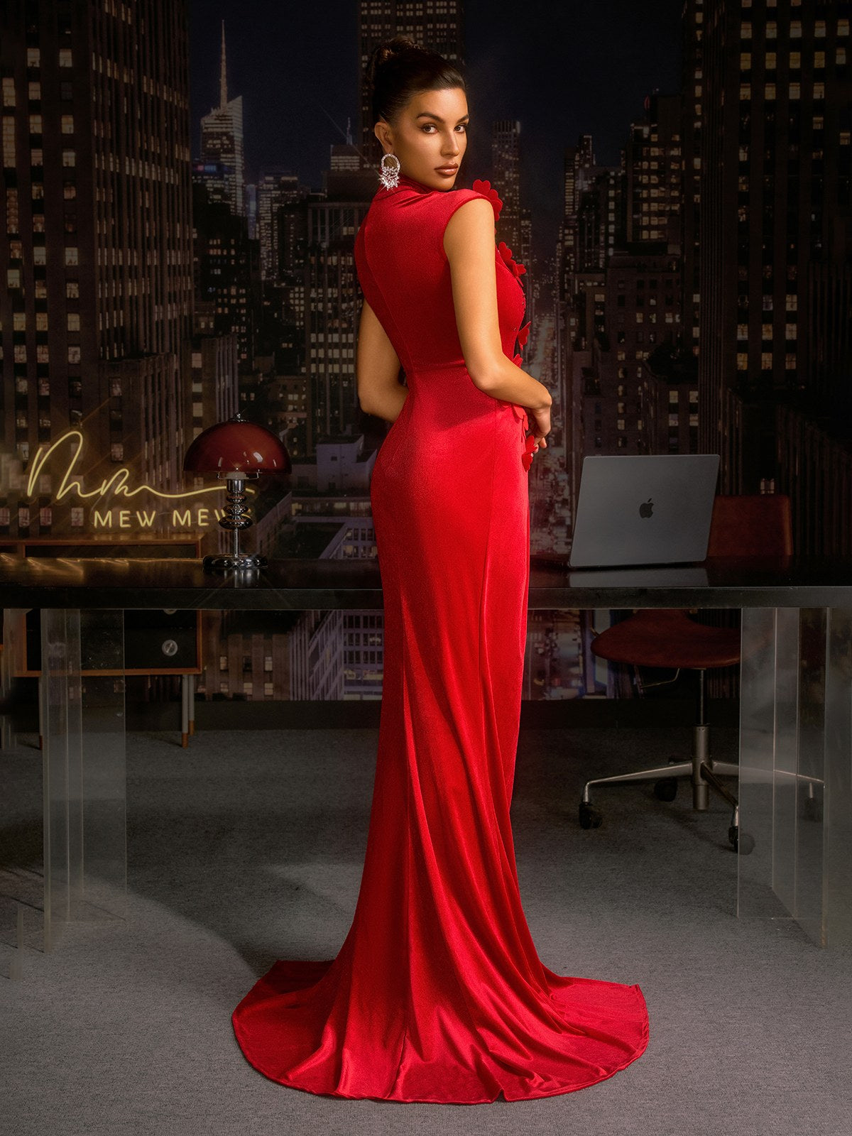 Mavira Flower Crystal Split Velvet Maxi Dress