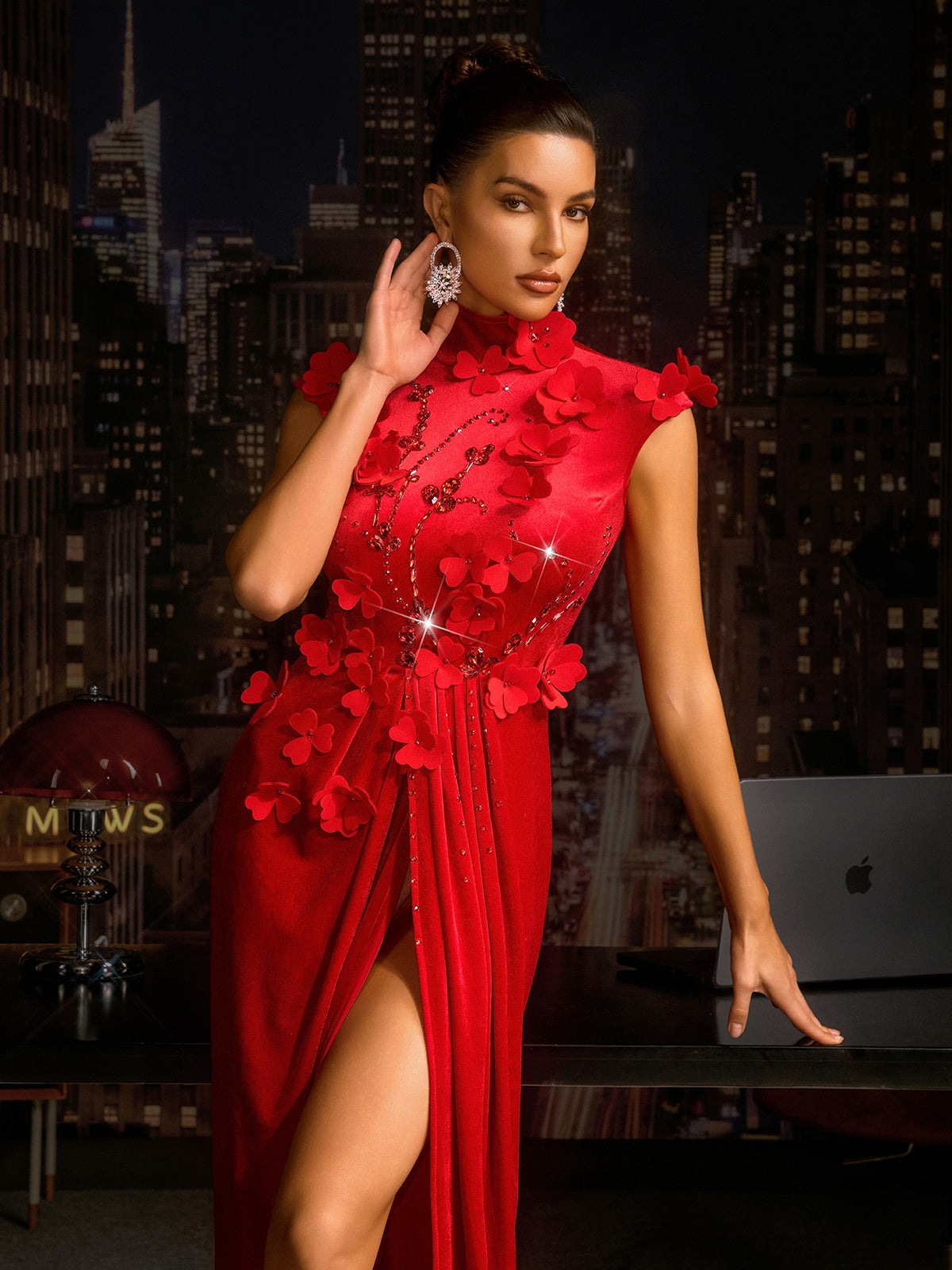 Mavira Flower Crystal Split Velvet Maxi Dress