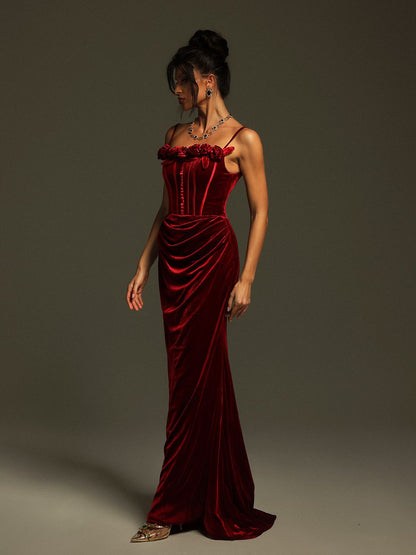 Mckay Spaghetti Flower Velvet Maxi Dress