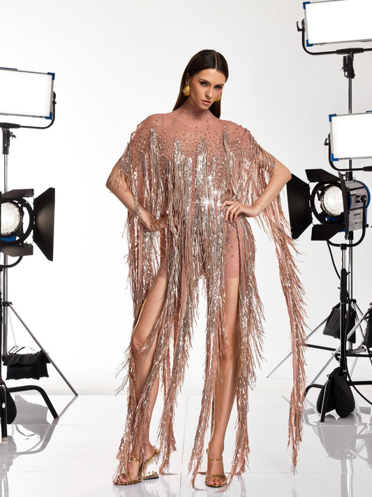 Rosstef Morvek Fringe Sequin Crystal Mini Dress - Şatafatlı Tasarım ve Işık Etkisi