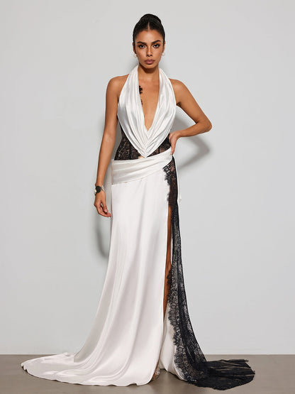 Mythavon Plunge Neck Lace Satin Maxi Dress