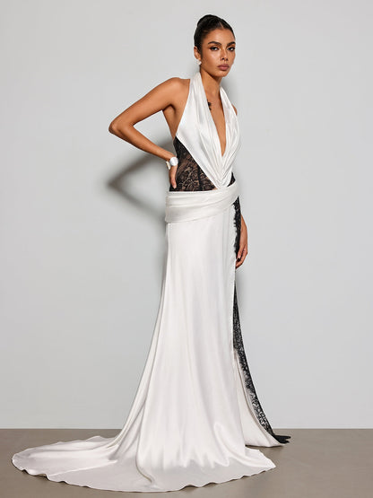Mythavon Plunge Neck Lace Satin Maxi Dress