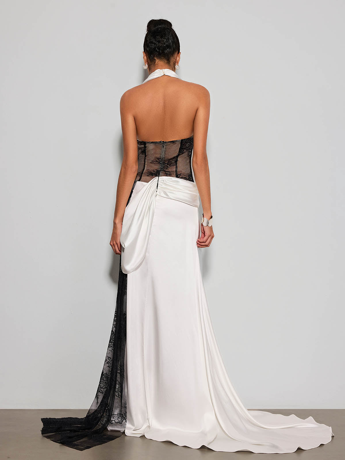 Mythavon Plunge Neck Lace Satin Maxi Dress