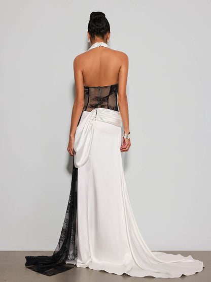 Mythavon Plunge Neck Lace Satin Maxi Dress