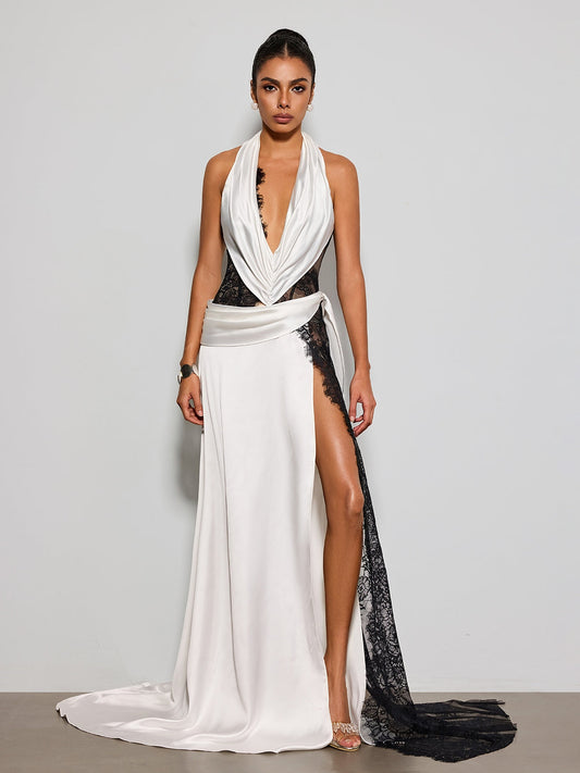 Mythavon Plunge Neck Lace Satin Maxi Dress