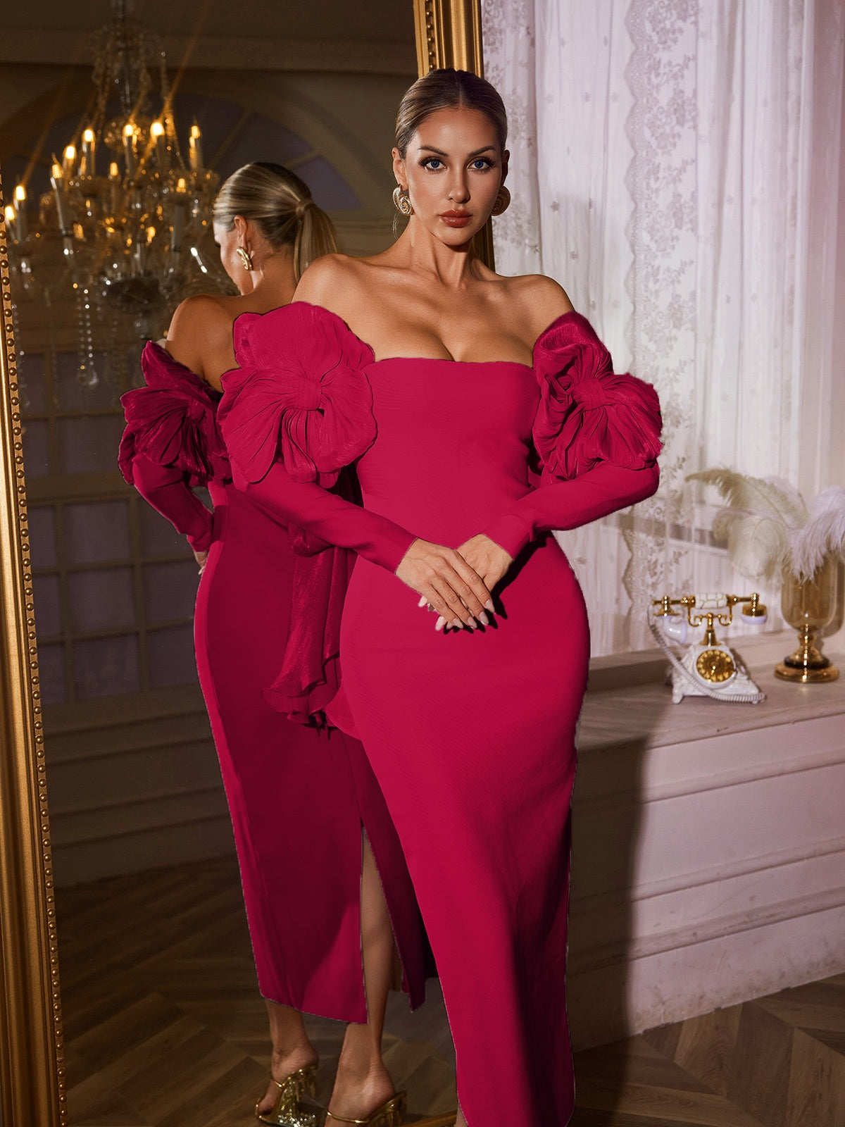 Rosstef Hot Pink Off Shoulder Bandage Dress