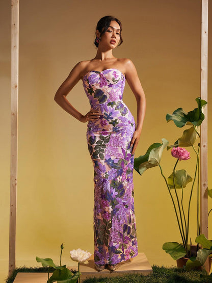Nakoa Strapless Sequin Embroidered Maxi Dress In Purple