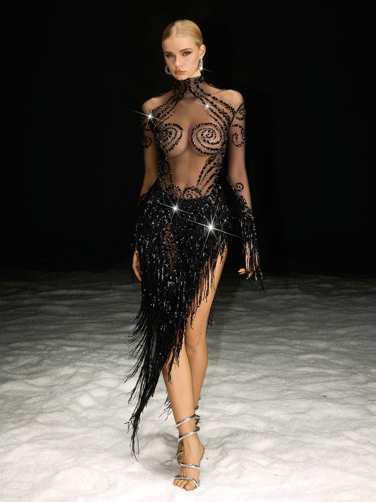 Rosstef Nathari Rhinestone Fringe Mesh Gelinlik