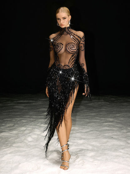 Rosstef Nathari Rhinestone Fringe Mesh Gelinlik