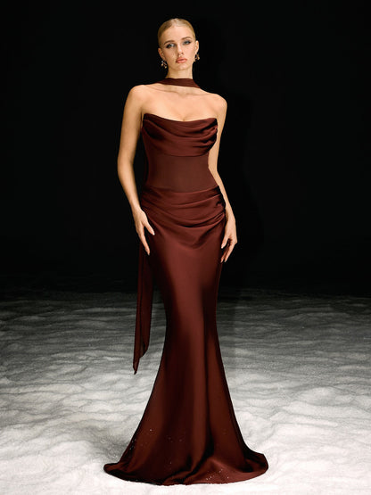 Navarra Strapless Scarf Ruched Maxi Dress