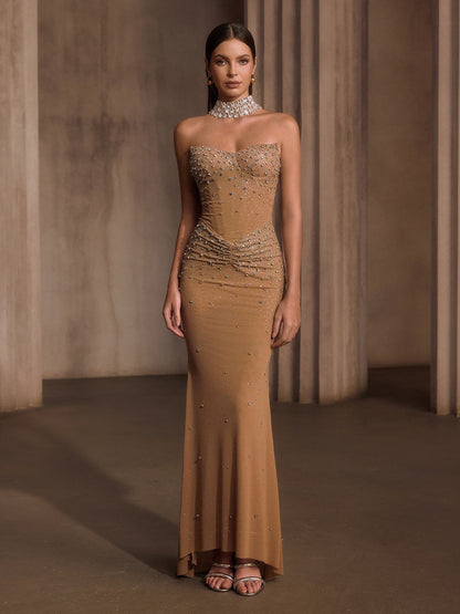 Nelyxor Strapless Rhinestone Corset Maxi Dress