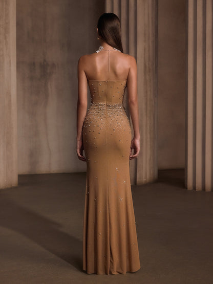 Nelyxor Strapless Rhinestone Corset Maxi Dress