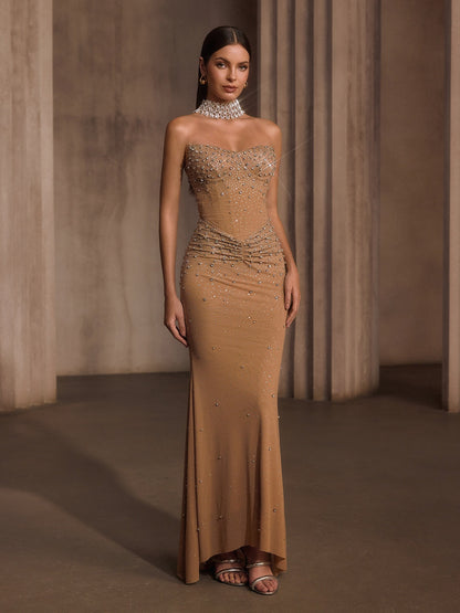 Nelyxor Strapless Rhinestone Corset Maxi Dress
