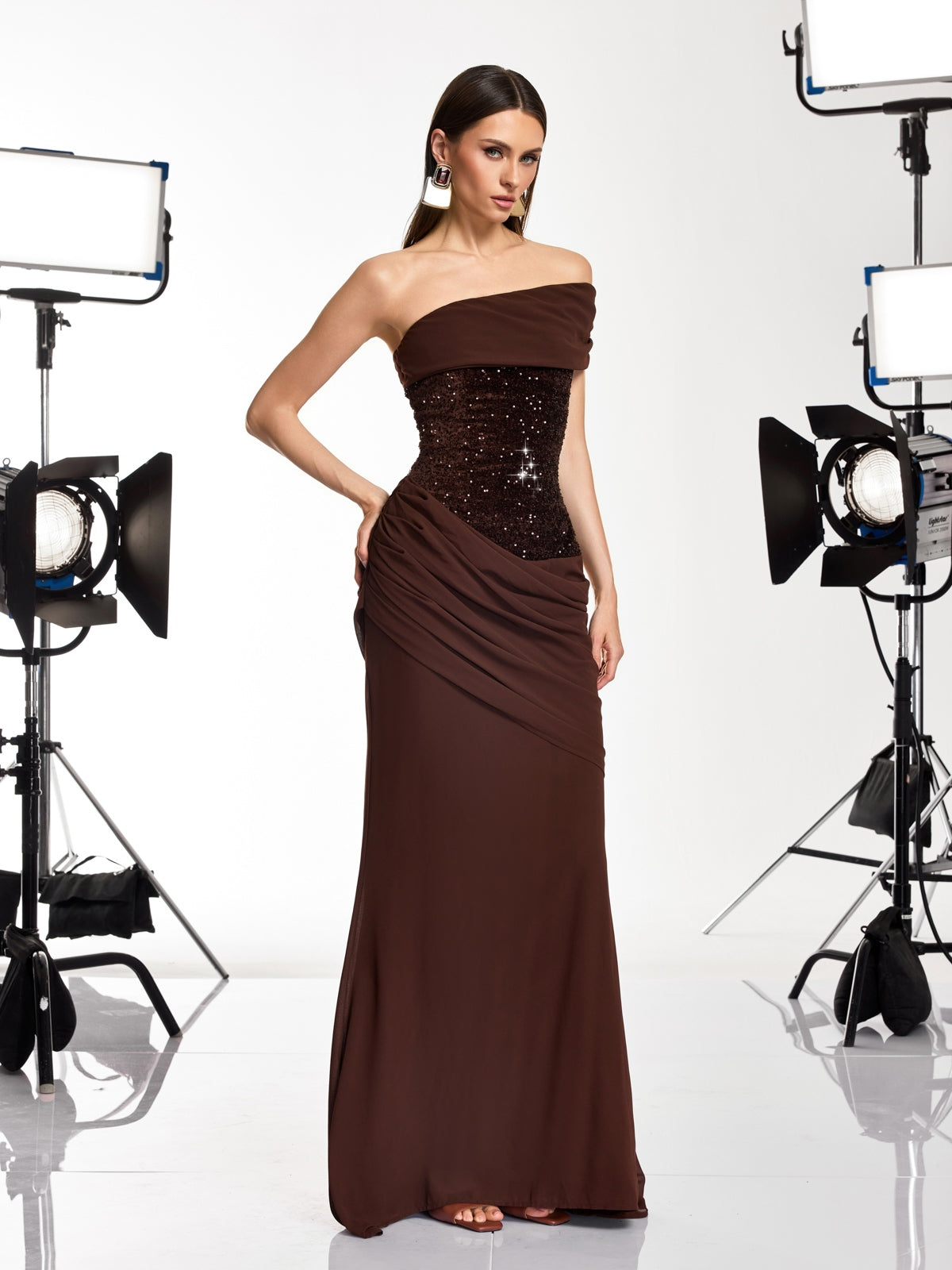 Neravo One Shoulder Sequin Ruched Maxi Dress