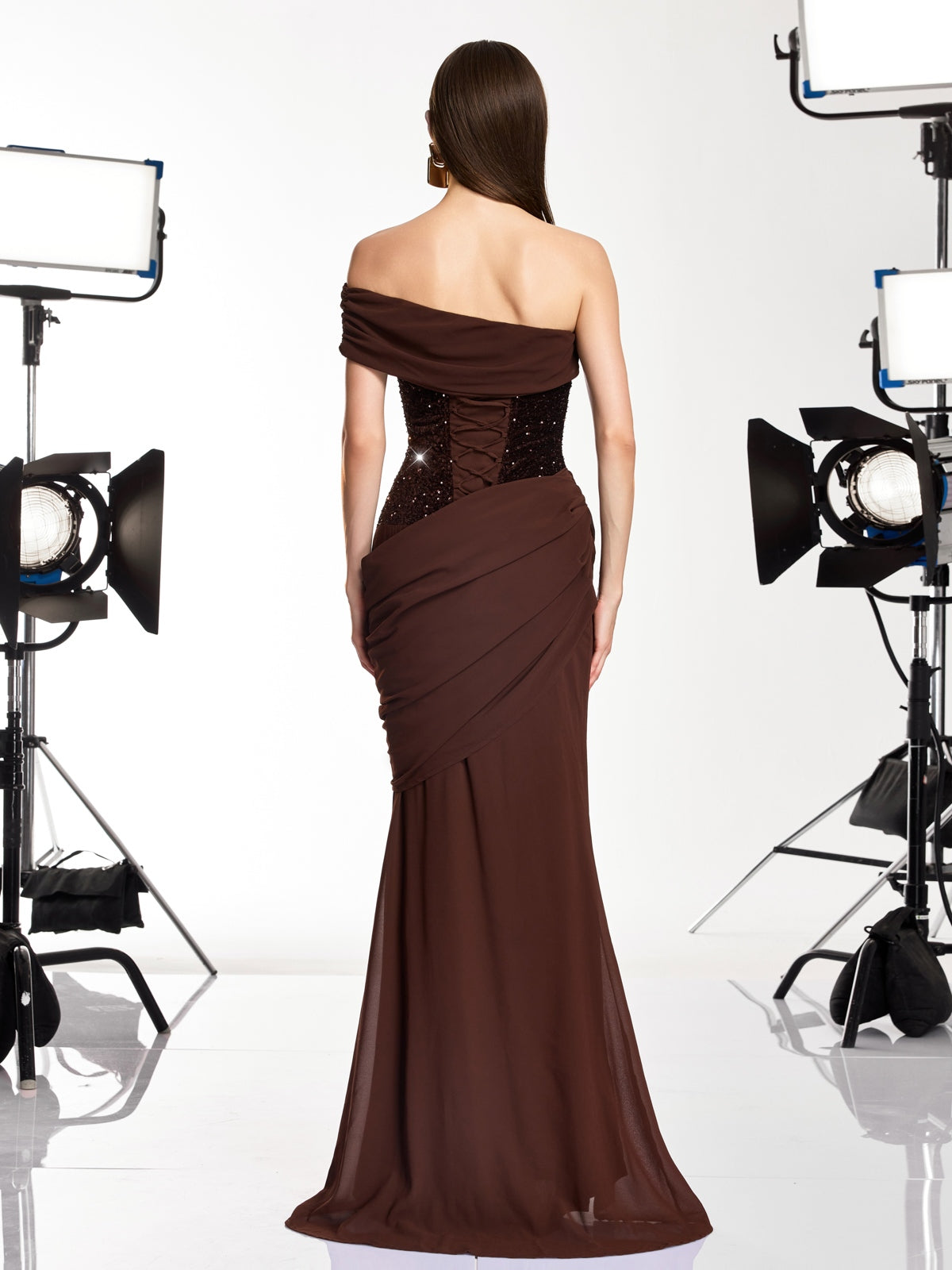 Neravo One Shoulder Sequin Ruched Maxi Dress
