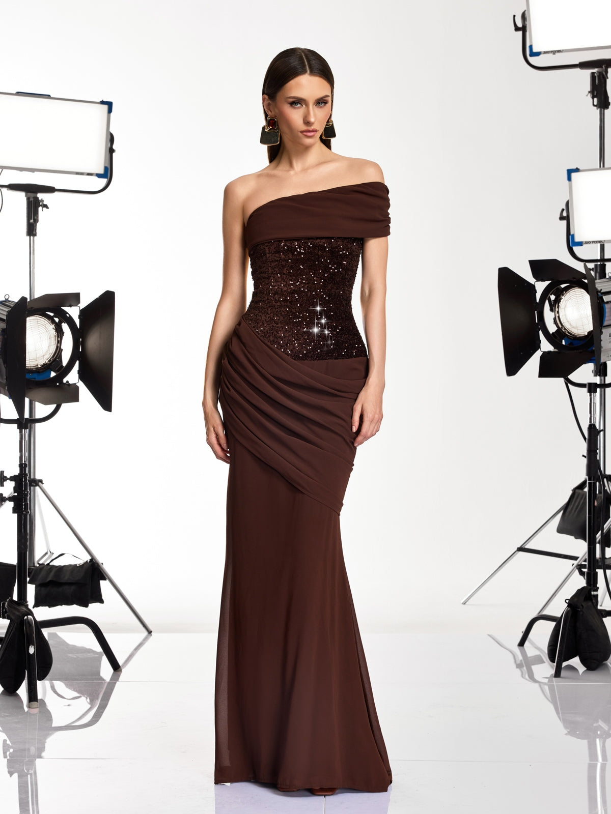 Neravo One Shoulder Sequin Ruched Maxi Dress