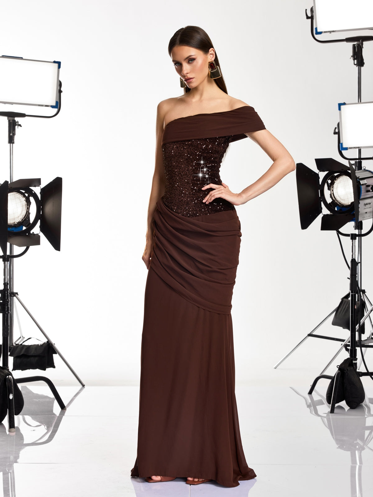 Neravo One Shoulder Sequin Ruched Maxi Dress