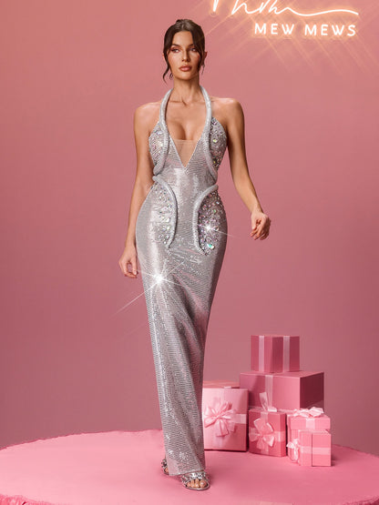 Nerlyx Halterneck Embellished Split Maxi Dress