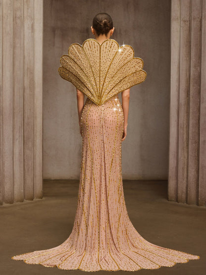 Nesvor Rhinestone Mesh Split Maxi Dress In Gold