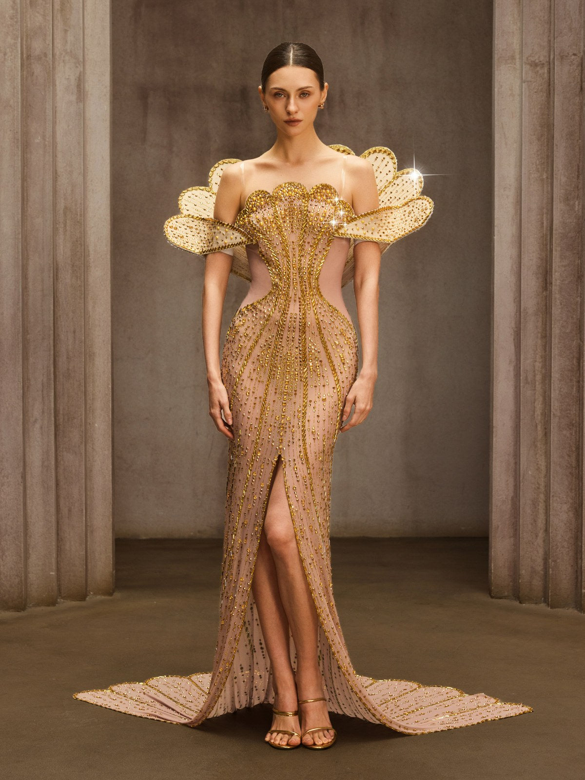 Nesvor Rhinestone Mesh Split Maxi Dress In Gold