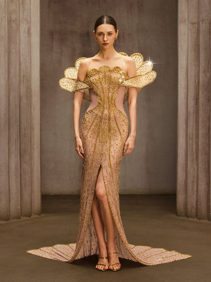 Nesvor Rhinestone Mesh Split Maxi Dress In Gold