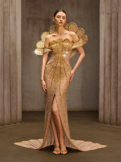 Nesvor Rhinestone Mesh Split Maxi Dress In Gold