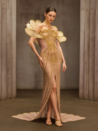 Nesvor Rhinestone Mesh Split Maxi Dress In Gold