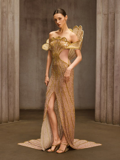 Nesvor Rhinestone Mesh Split Maxi Dress In Gold