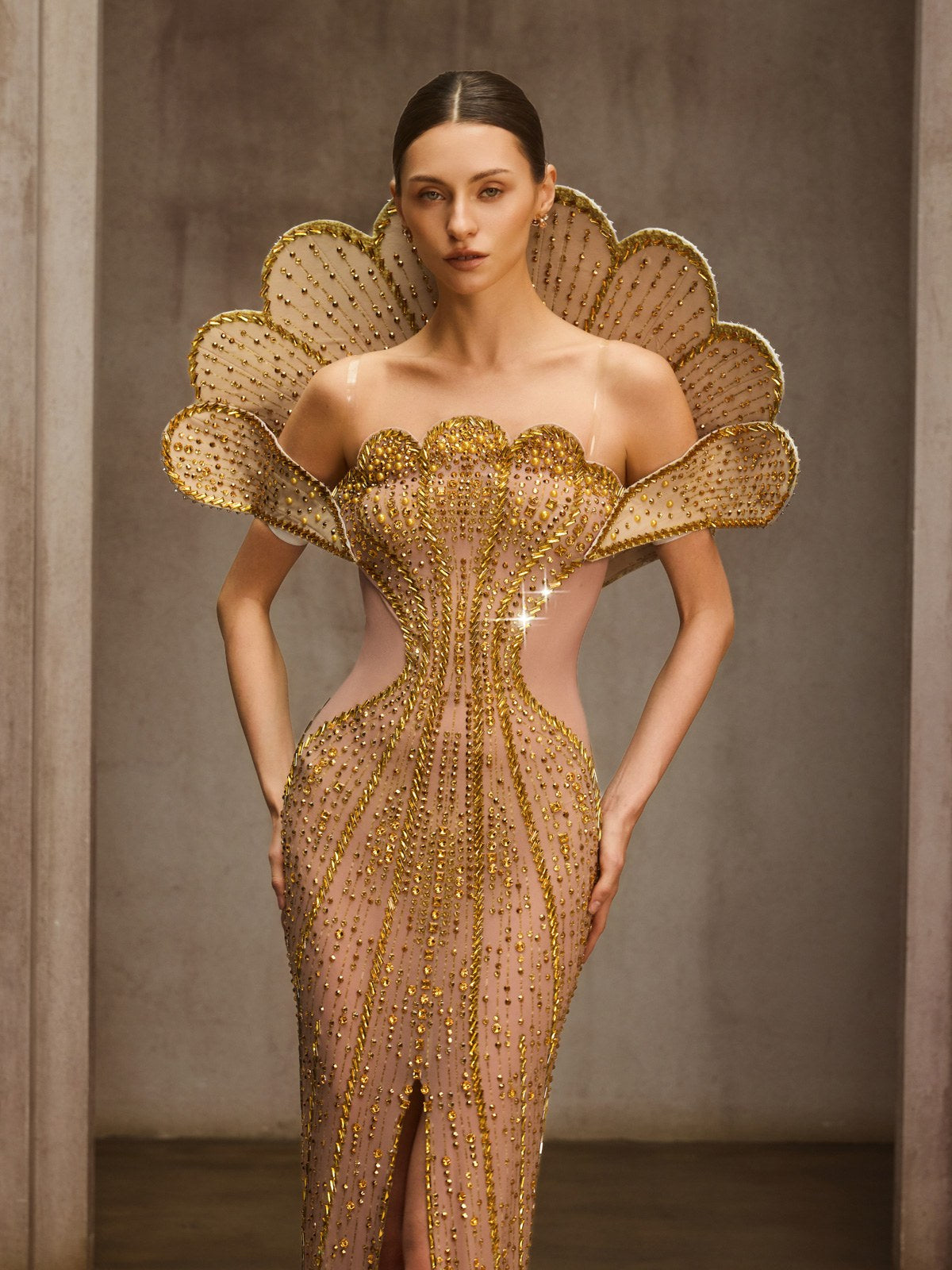 Nesvor Rhinestone Mesh Split Maxi Dress In Gold