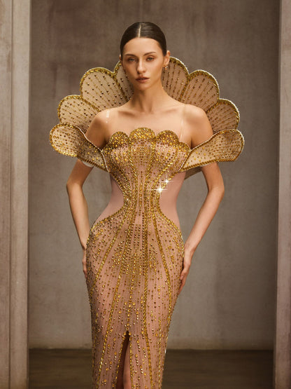 Nesvor Rhinestone Mesh Split Maxi Dress In Gold