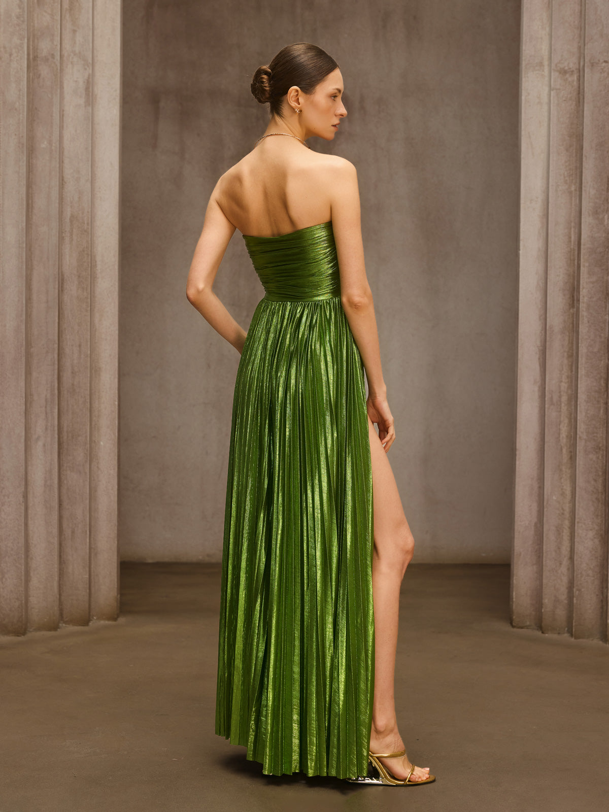 Nexirae Strapless Pleated Metallic Maxi Dress