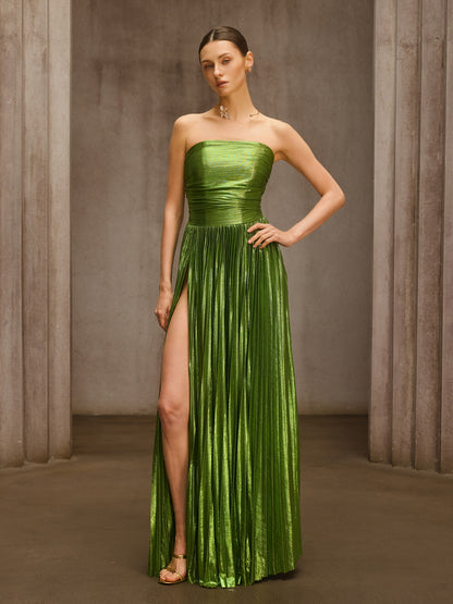 Nexirae Strapless Pleated Metallic Maxi Dress