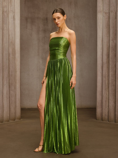 Nexirae Strapless Pleated Metallic Maxi Dress