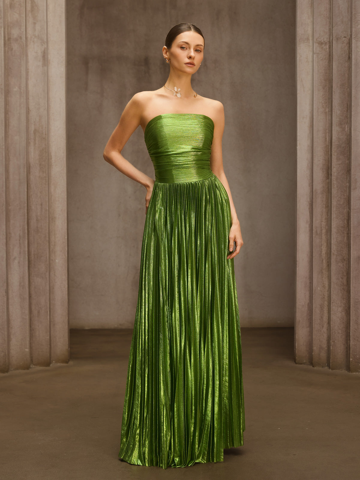 Nexirae Strapless Pleated Metallic Maxi Dress