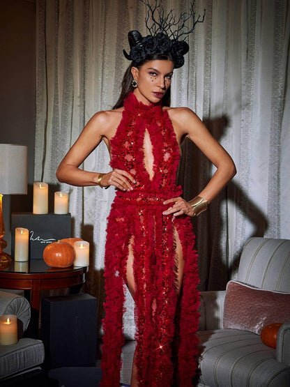 Niam High Collar Tulle Dress In Red