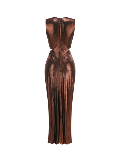Nireth Plunge Neck Metallic Ruched Maxi Dress