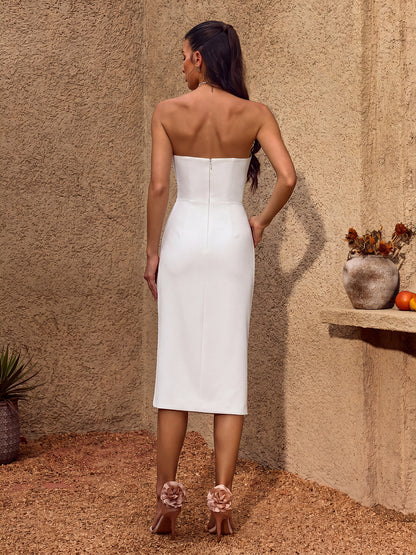 Rosstef Strapless Flower Split Midi Dress
