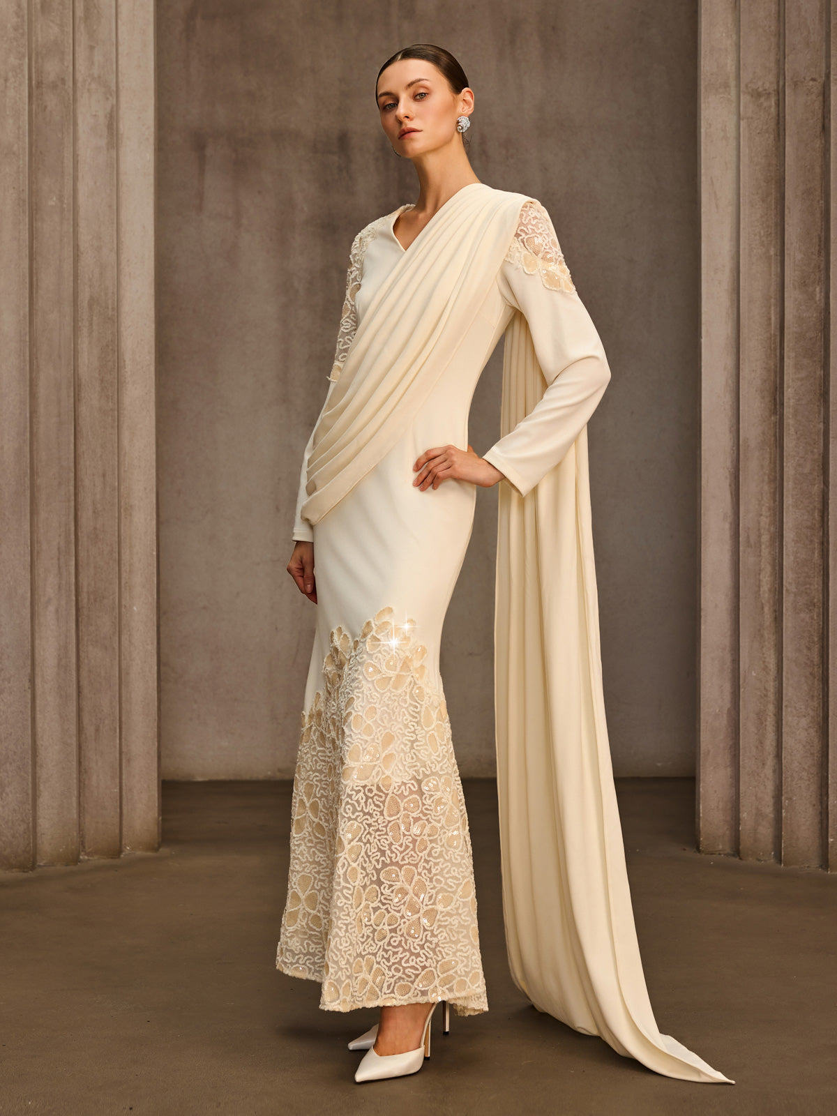 Noxavelle V Neck Draped Sequin Maxi Dress