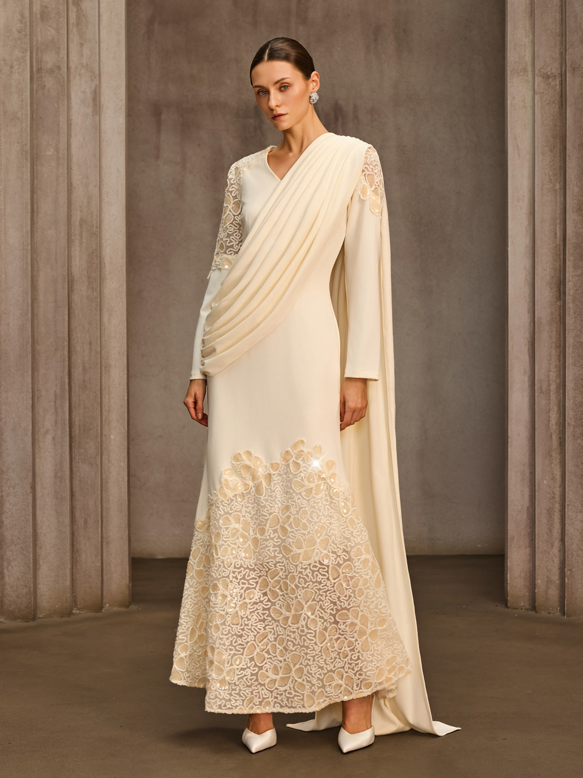 Noxavelle V Neck Draped Sequin Maxi Dress