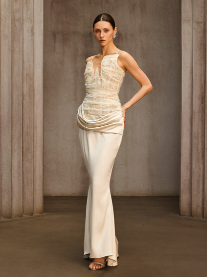 Nyrionyx Strapless Lace Draped Maxi Dress