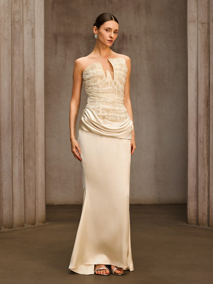Nyrionyx Strapless Lace Draped Maxi Dress