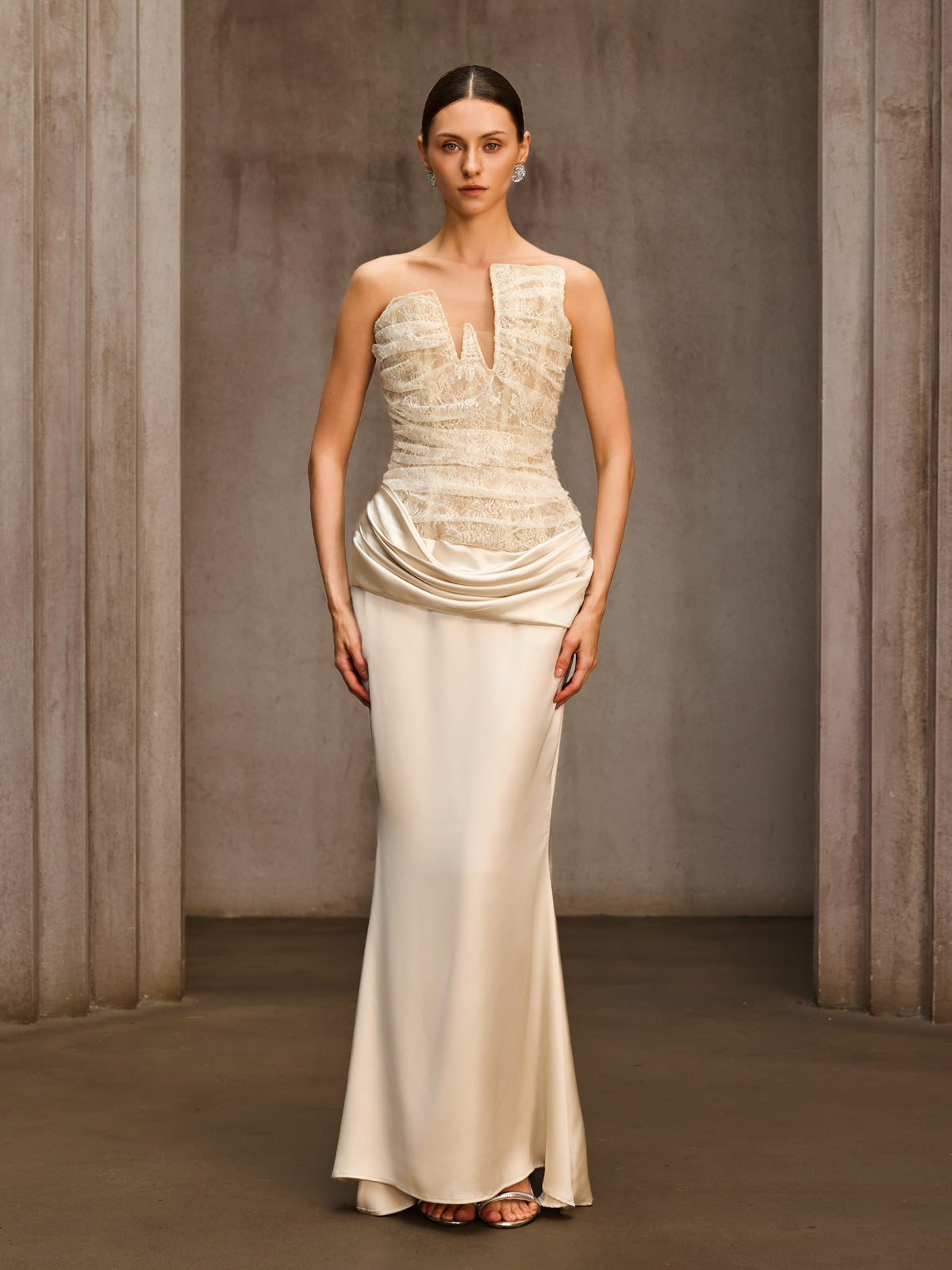Nyrionyx Strapless Lace Draped Maxi Dress