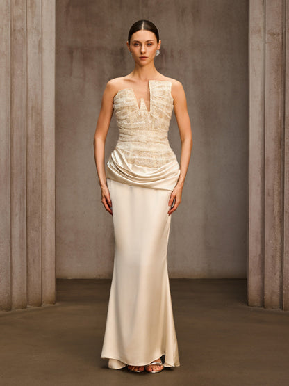 Nyrionyx Strapless Lace Draped Maxi Dress